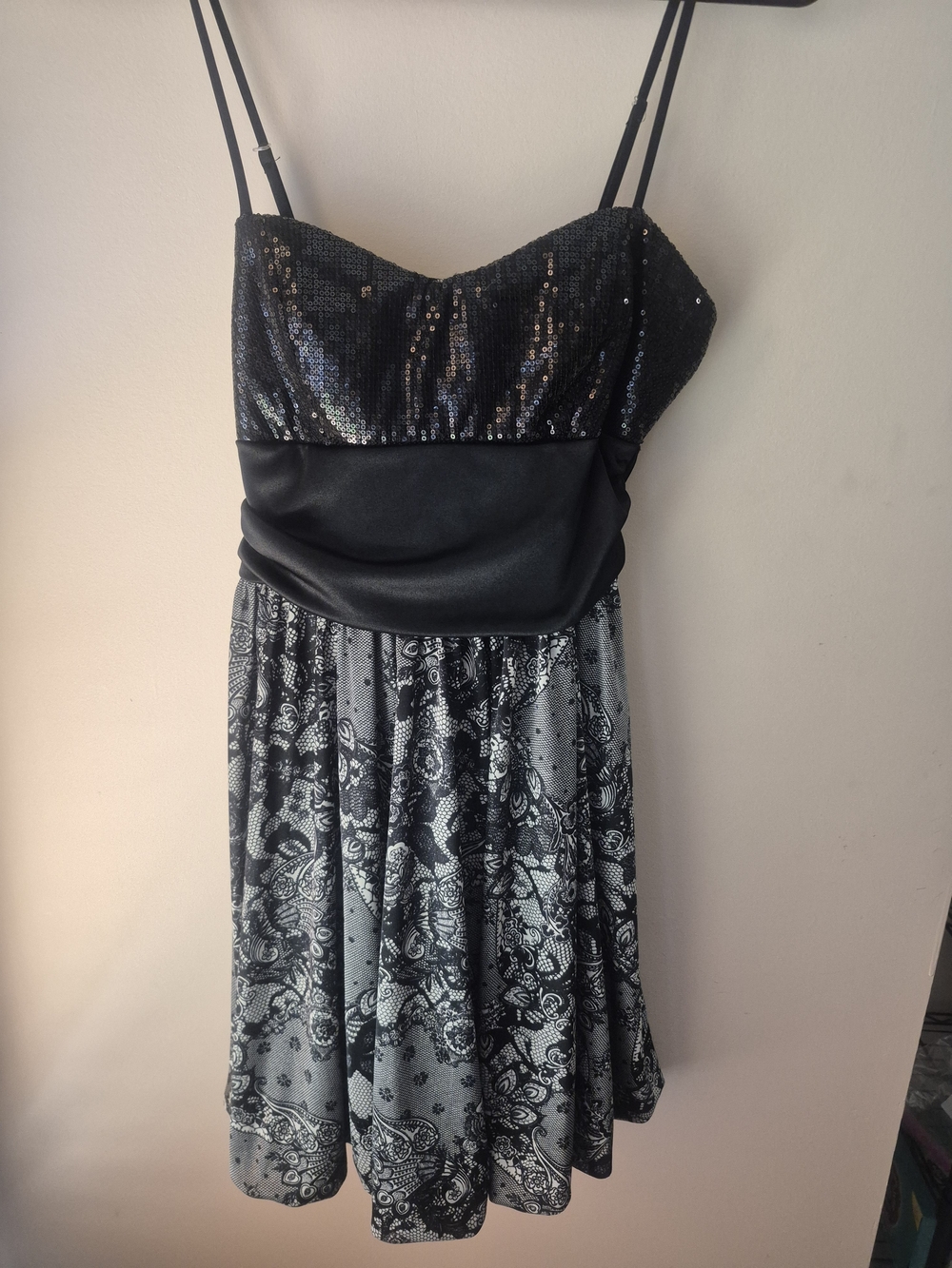 Speechless Black Sequin Bustier Dress with Printed Skirt